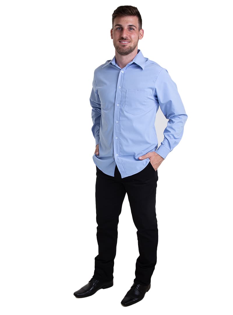 Professional wearing a light blue corporate dress shirt with dark trousers.