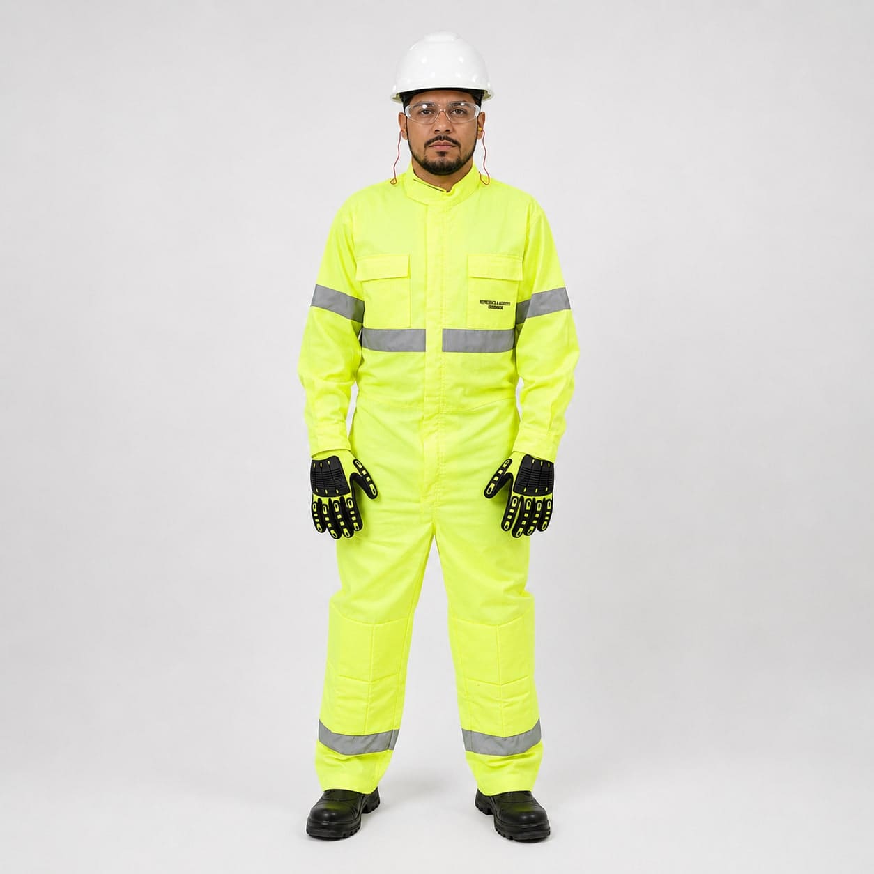 Worker in a high-visibility yellow acid-resistant coverall with reflective bands, hard hat, safety glasses and impact-resistant gloves.