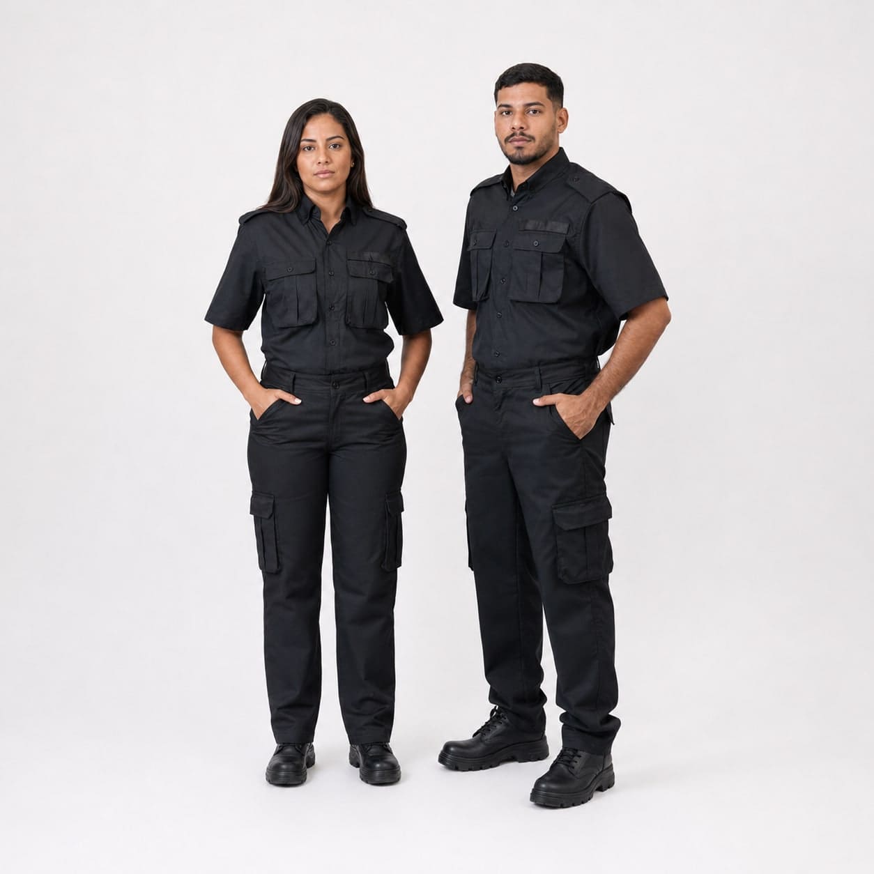Two security professionals wearing black tactical uniforms with cargo trousers and duty boots.