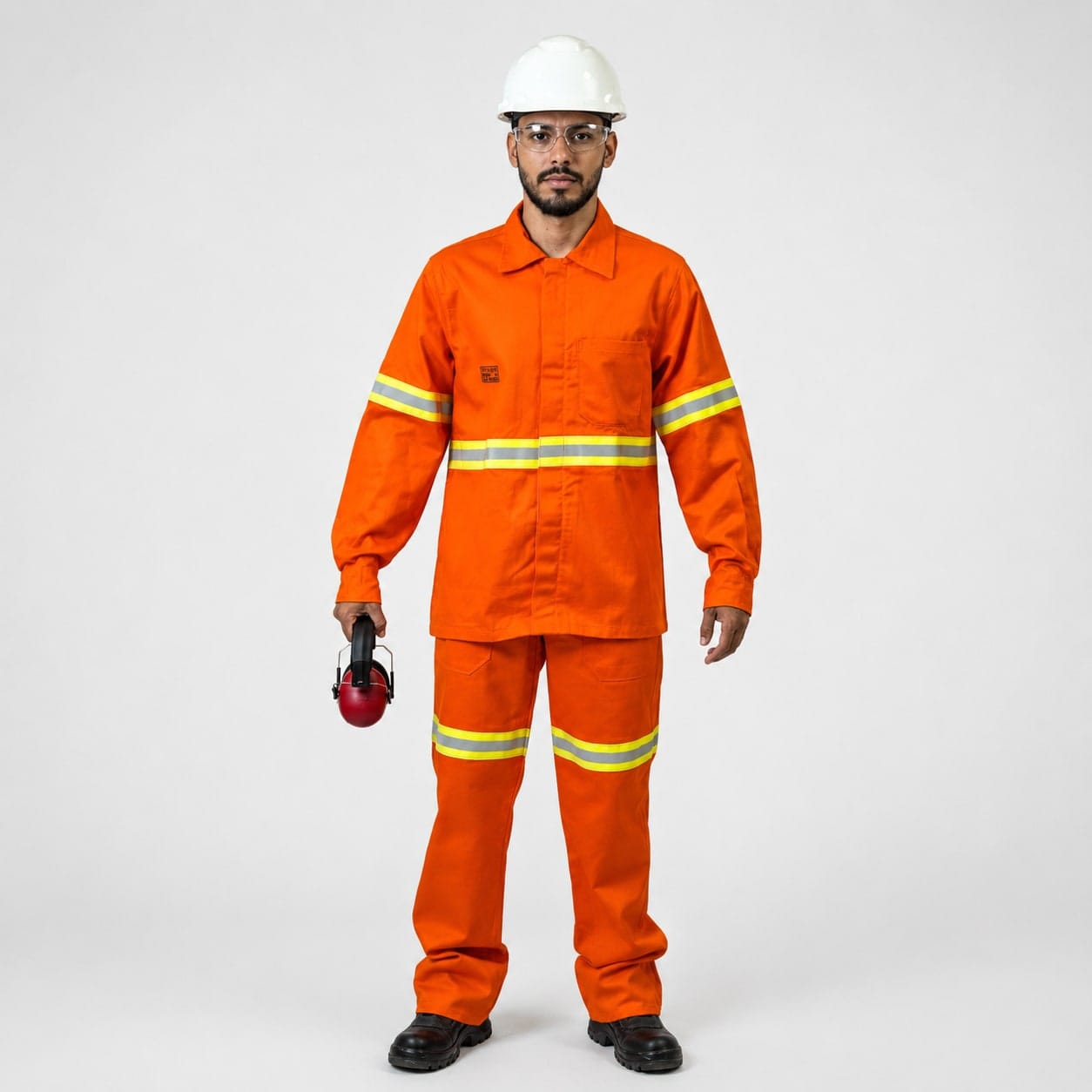 Worker in an orange flame-resistant shirt and trousers with reflective striping, wearing a hard hat and safety glasses and holding ear defenders.