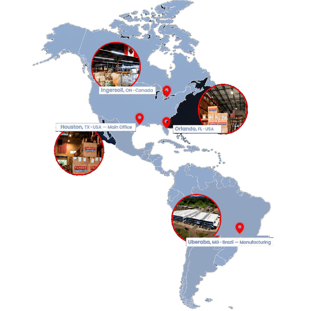Map of the Americas marking Fardas Industries locations: Ingersoll, Ontario in Canada; Houston, Texas — main office, and Orlando, Florida in the USA; and Uberaba, Minas Gerais in Brazil — manufacturing.